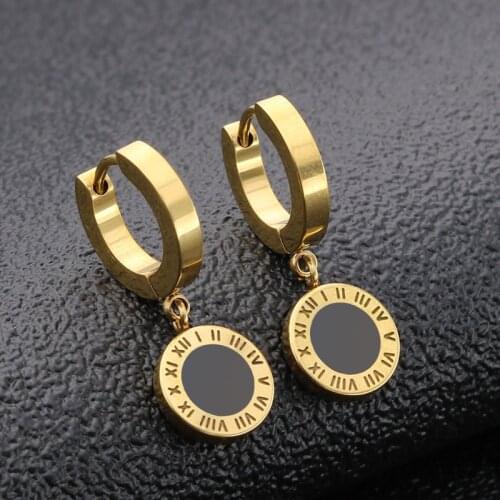 High Grade Stainless Steel Stud Earring Roman Numeral Round Pendant for Women Rose Gold Color Ear Jewelry Gifts