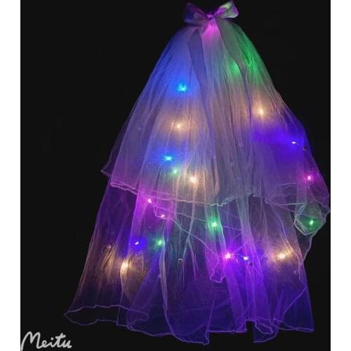 Luminous Led Flashing Colorful New Year Weding Christmas Birthday Veil 80 Cm Long Celebrity Yarn Fairy Ribbon Bow Veil with Lamp