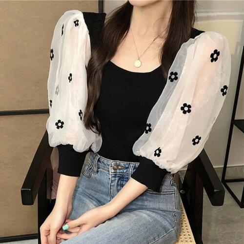Vintage Patchwork Blouse Women Puff Sleeve Knit Tops Summer Chic Korean Blouses Plus Size Shirts Female blouses femme