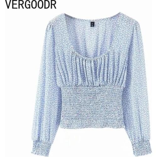 Vergoodr Floral Print Slim Women Tops Retro Square Collar Long Sleeve Pleated Pullover Chiffon Blusas Mujer De Moda Elegantes