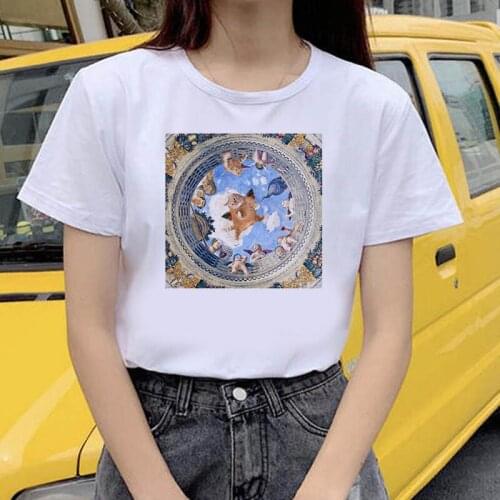 Womens T-shirt Kawaii cat oil painting print T-shirt basic O-neck short-sleeved ladies white graphic girl streetwear T-shirt
