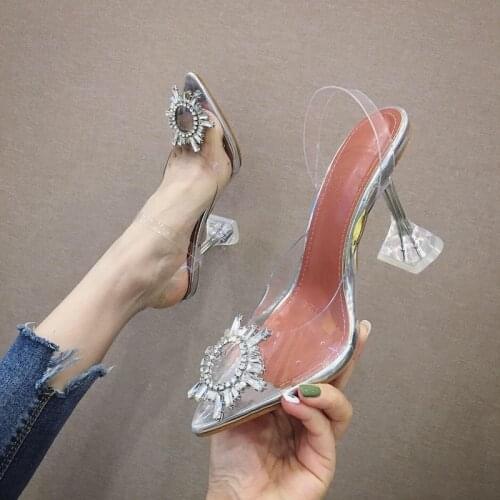 New outdoor Women Sandals Roman sandals Pointed Toe PVC Thin Heels High heels Slip On Rhinestones sandal women shoes size 35-42