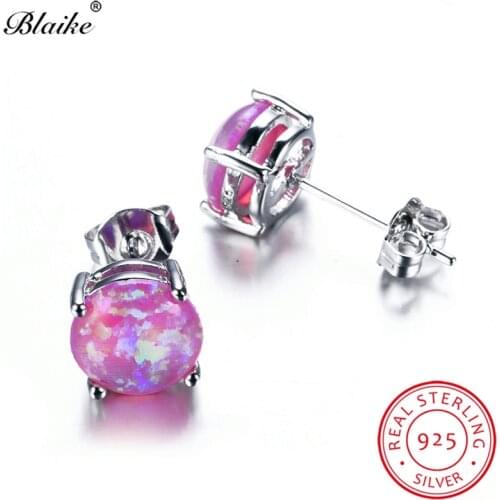 Solid s925 Sterling Silver Earrings Purple Pink Fire Opal Stone Earrings For Women Rainbow Round Stud Earrings Wedding Jewelry