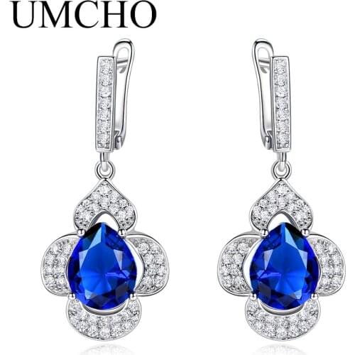 UMCHO Blue Sapphire Drop Earrings for Women Gemstone Genuine 925 Sterling Silver Fashionable Romantic Gift Engagement Jewelry