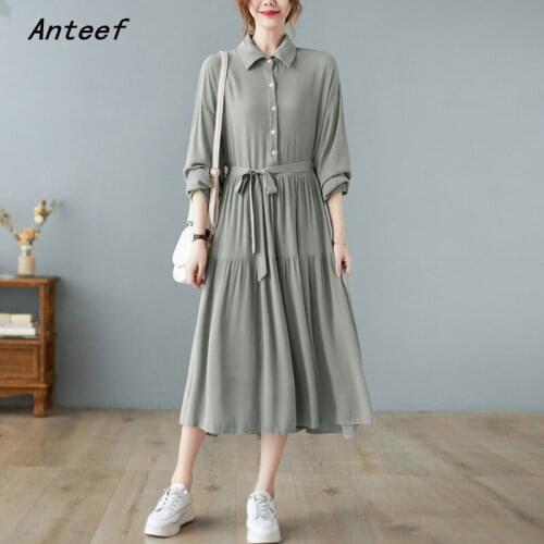 Long sleeve cotton linen vintage dresses for woman casual loose long spring autumn woman shirt dress elegant clothes 2021