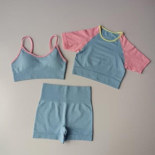 2/3Pcs Seamless Yoga Set Women Gym Clothing Workout Set Sports Bra Short Sleeve Fitness Crop Top High Waist Shorts Sports Suits