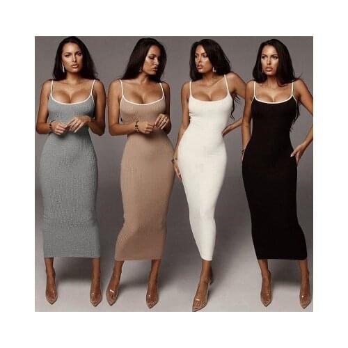 Women Sundress Girls Sling Solid Color Low Cut Knitted Skinny Bodycon Club Party Casual Sexy Fashion Maxi Dress