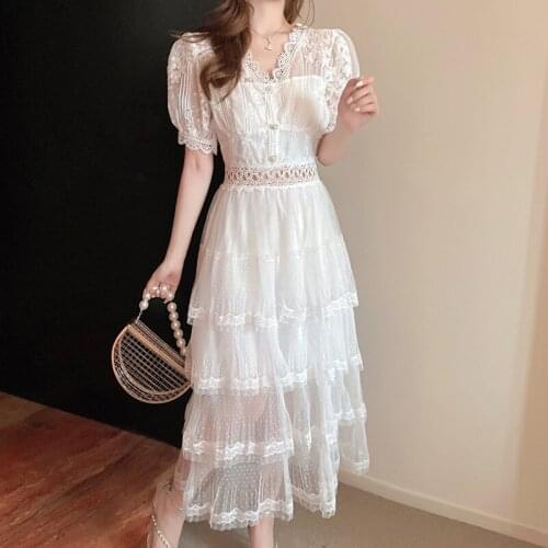 Vintage Fashion Women Sweet Lace Splicing Mesh Layers Ruffles Party Dress Summer Elegant Puff Sleeve High Waist Midi Dress