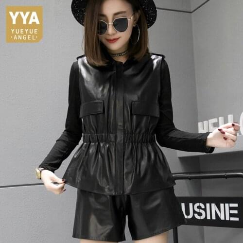 Sheepskin Real Leather Vest Women Elastic Waist Ruffles Genuine Leather Sleeveless Jacket Ladies Casual Streetwear Waistcoat Top