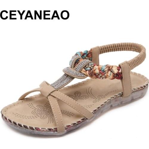CEYANEAO 2018 New Fashion Summer Women Sandals Rhinestone Flats With Leisure Beach Women Shoes 35-41