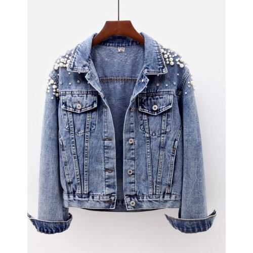 Beaded Denim Jackets Turn-Down Collar Long-Sleeved Pocket Button All Match Solid Female Cardigan Fashion Outwear Coat Tops