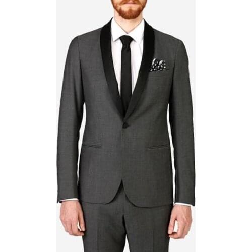 Hot Recommend One Button Dark Gray Groom Tuxedos Groomsmen Shawl Lapel Mens Suits Blazers (Jacket+Pants+Tie) W:887