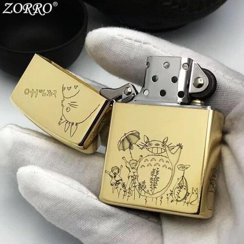 Pure Copper Kerosene Lighter Original ZORRO Fine Carving Classic Cartoon Cat Pattern Gasoline Lighter Outside Tool Men Gift
