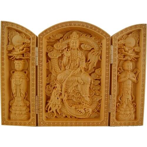 Chinese wood carving Buddha Maitreya Buddha ornaments three open box Fu Lu Shou home crafts Guanyin Bodhisattva