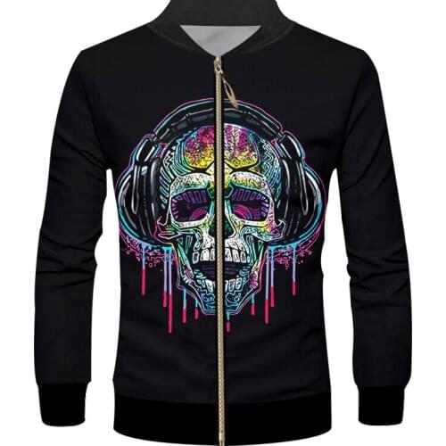 IFPD EU Fashion Size Unisex 3d Print Music Skull Tracksuit Men Zipper Jacket Black Coat Women Casual Plus Size Jacket Drop Ship