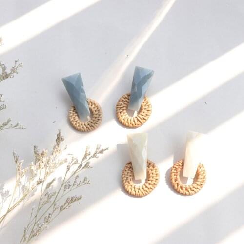 Fashion Bohemian Handmade Wooden Straw Woven Vine Rattan Knit Drop Earrings For Women 2020 Boho Round Geometric Long Earring