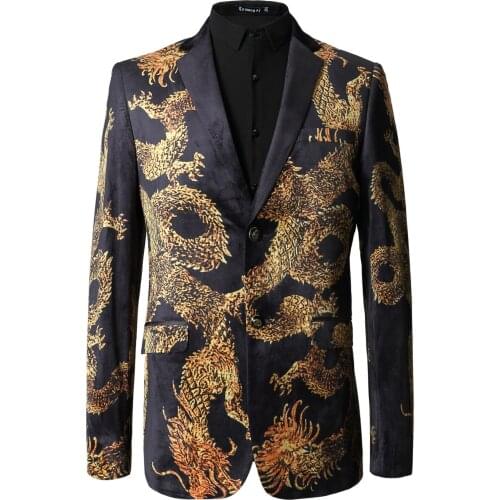 Mens Chinese Style Dragon Print Slim Fit Blazers Jacket Nightclub Retro Coats Jacekts Two Buttons