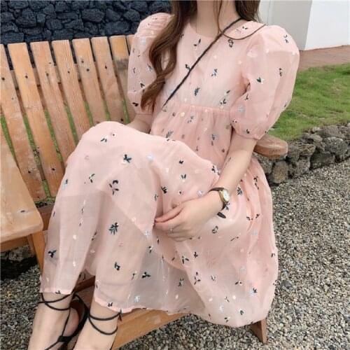 New Japanese Lolita Style Summer Women Party Dress Pink Floral Embroidery Backless Dress Cute Kawaii Bow Puff Sleeve Sweet Dress
