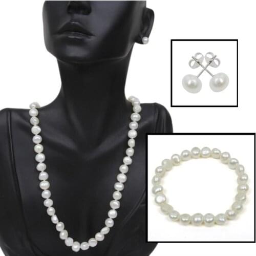 New Unique Pearl Jewelry Set S925 Sterling Silver Genuine White Freshwater Pearl Necklace Bracelet Earrings Fine Women Gift