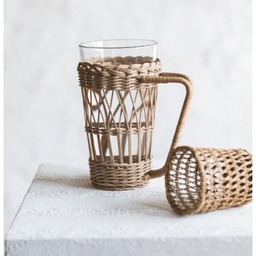 Hand-woven Rattan Water Cup Cover Anti-scald Cover Cup Holder with Handle Protection Cover Breakfast Milk Glass Cup Accessories