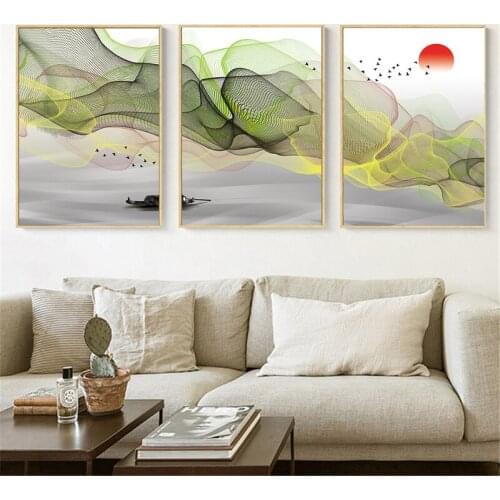 Poster 3 Piece Canvas Painting Set Sunrise Sunset Poster Wall Art Chinese Painting Wall Pictures for Living Room Decoration