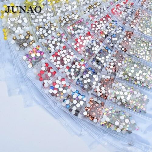 JUNAO SS6 8 10 12 16 20 Mix Size Clear AB Glass Nail Rhinestones Set Round Nail Decoration Stones Flatback DIY Strass Sticker