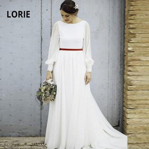 LORIE Long Sleeve Chiffon Wedding Dresses A-Line Bride Dress Whit ivory Lace Back Wedding Gowns Plus Size Boho Bridal dresses