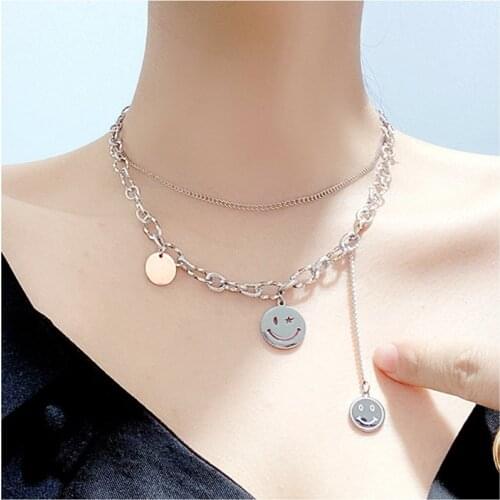 TIMEONLY Titanium Steel Chunky Link Chain Smile Necklaces for Women Mujer Layered Gold Color Coin Pendant Chokers Necklace Gift
