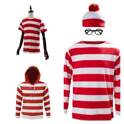 Wheres Wally Waldo Now Cosplay Hoodie Men Women Stripe Shirt Hat Glasses Halloween Carnival Costume T-shirt