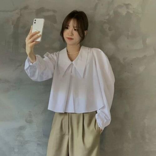 2021 Women Spring Sweet Vintage Short White Blouse Puff Sleeve Doll Shirt School Girl Pullover Tops