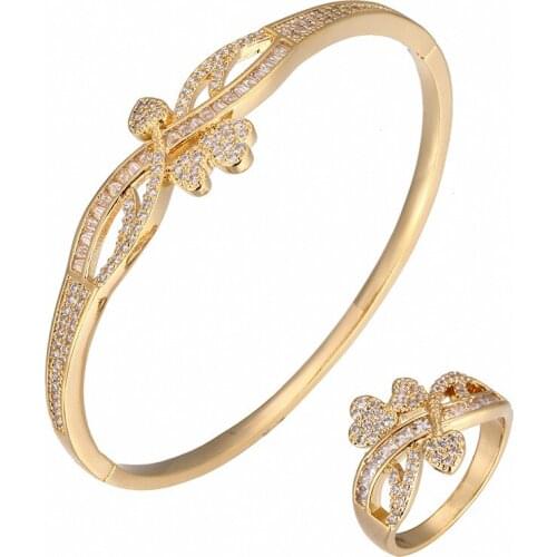 HIBRIDE Unique African Bangle Ring Set Jewelry Sets For Women Wedding Cubic Zircon Crystal CZ Dubai Bridal Bracelet Set N-1715