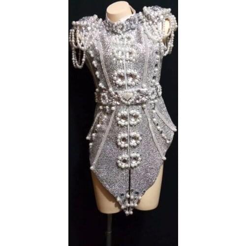 Women New Sexy Stage Sparkly Rhinestone Gray Pearls Crystals Outfit Dance Wear Nightclub Party Stage Wear Singer Dance Costume
