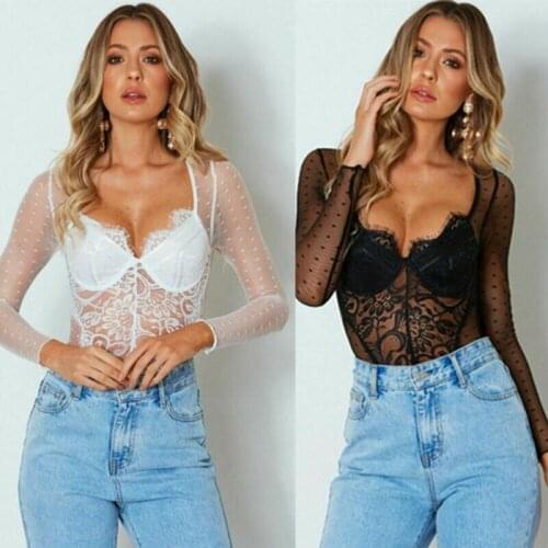 2019 Summer Ladies Long Sleeve Sexy Women Mesh Sheer Lace Bodysuit Top Lingerie Deep V Neck Catsuit Clubwear Womens Clothes