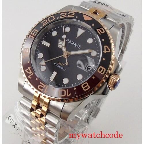 40mm PARNIS GMT Automatic Men Watch Sapphire Glass Rose Gold Plated Bezel Jubilee Strap Ceramic Insert Screwdown Crown