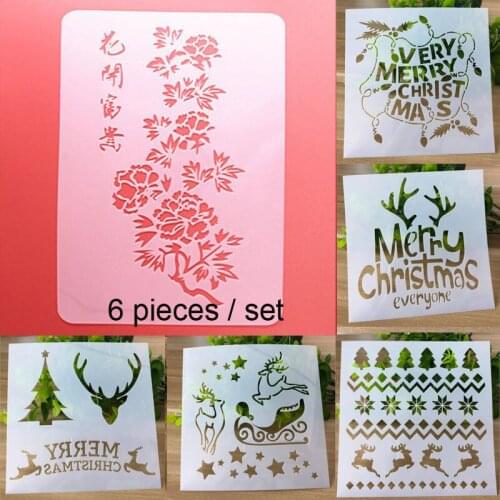 6pc Christmas Stencils Painting Template Scrapbooking Stamps Album Decorative Embossing Bullet Journal Accessories Reusable