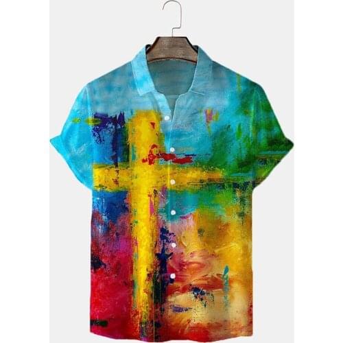 70# Fashion Stand-up Collar Hawaiian Shirt Mens Style Printed Short Sleeve Button Up Holiday Hawai Punk Rave Shirts Men Chemise