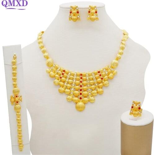 African Dubai Gold Jewelry Nigerian Crystal Necklace Bangle Ring Earrings Women Italian Bridal Accessories Jewelry Set
