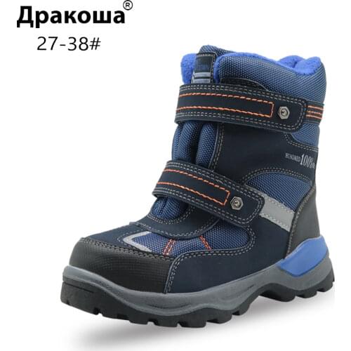 Apakowa Winter Boys Snow Boots Kids Waterproof Hook&loop Warm Woolen Ankle Boots with Reflective Strip Little Boys Hiking Shoes