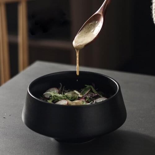 Black Ceramic Rice Bowl Japanese Frosted Steamed Egg Fruit Salad Dessert Bowl Household Large Capacity Noodle Soup Plate 8 Inch