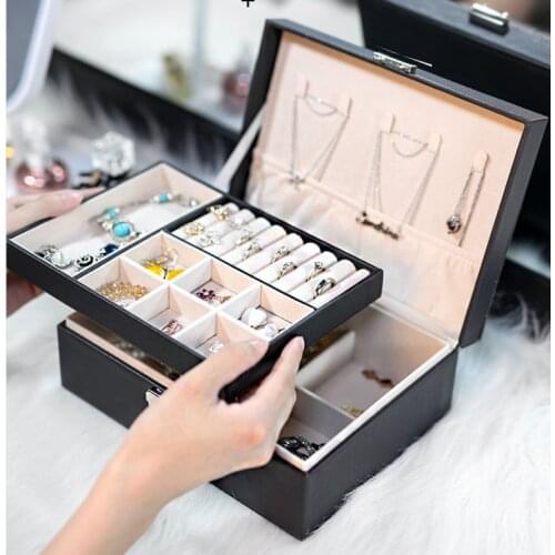 Double-Layer Large Capacity Pu Jewel Case Portable Leather Jewelry Storage Box Necklace Ring Watch Jewelry Box Travel