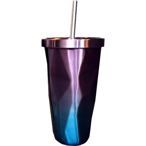 Creative 500ml Stainless Steel Gradient Coffee Mug With Straw Double Vacuum Travel Mug Cup