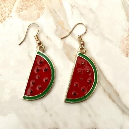 Summer Red Watermelon Earrings Gold Zinc Alloy Delicate Fruit Charms Dangle Women Hoop Eardrop Fashion Jewelry Drop Shipping