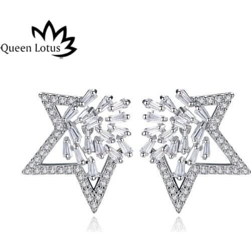 Queen Lotus Fashion Woman Crystal Earrings 2018 Star Stud Earrings High Quality Cubic Zircon Statement Earrings Ornamentation