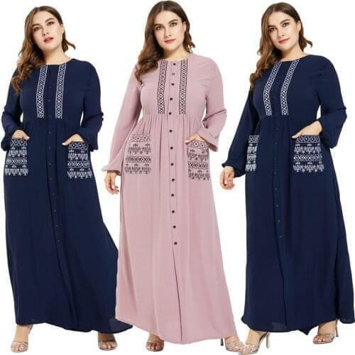 Muslim Women Abaya Islamic Maxi Long Sleeve Dress Buttons Pocket Kaftan Jilbab Turkish Plus Size Cocktail Party Robe Gown