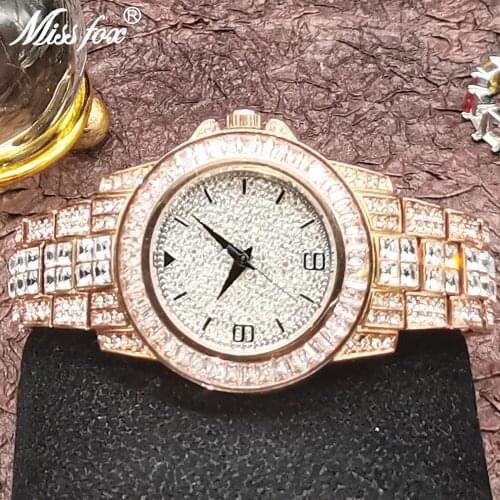 Hip Hop MISSFOX Mens Quartz Watch Famous Brand Diamond Watch Steel Timepieces Rose Gold Bling Luxury Clocks AAA Designer Watch