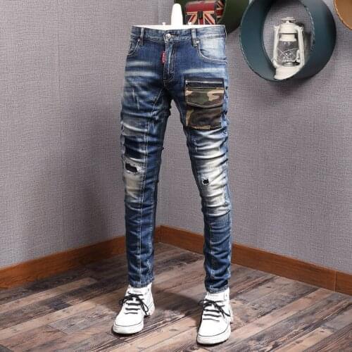 Newly Fashion Vintage Men Jeans Retro Blue Slim Fit Spliced Denim Biker Pants Patched Camouflage Pocket Hip Hop Ripped Jeans Men