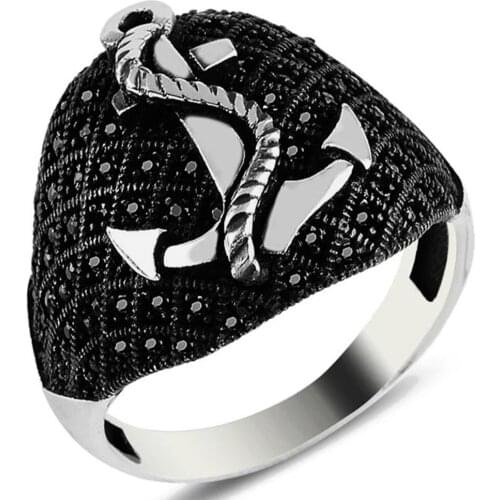 Solid 925 Sterling Silver Black Micro Stone Sailors Anchor Mens Ring