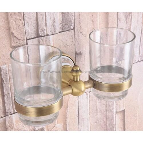 Wall Mounted Antique Brass Double Cup Holder Toothbrush Holder with Two Glass Cups Rack Tumbler Holder Nba583