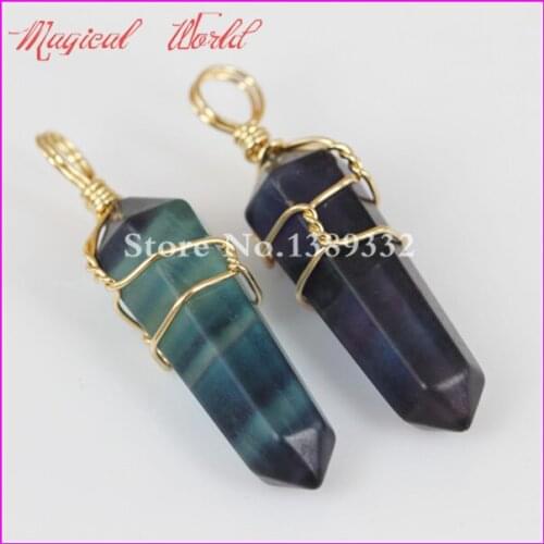 Natural Gems Stone Pendant Gold Color Wire Wrapped Pendant Hexagon Prism Beads Healing Point Quartz Crystal Fluorite Pendant