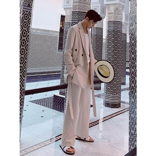 2019 New Men Fashion Casual 2PCS Suits (jacket+pant) Streetwear Male Ribbon Blazer Jacket Trousers